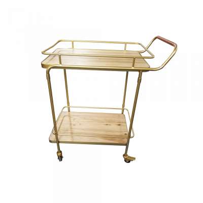 Luxurious Handing Wood And Gold Metal Bar Cart, Kitchen Trolley Cart With Lockable Casters