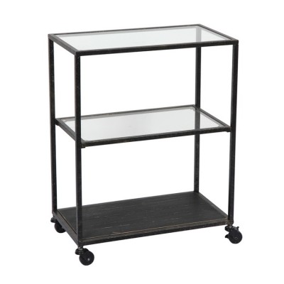 Antique Black Coating Metal 3 Tier Storage Shelf Dinning Cart With Rolling Wheels For Indoor And Garden